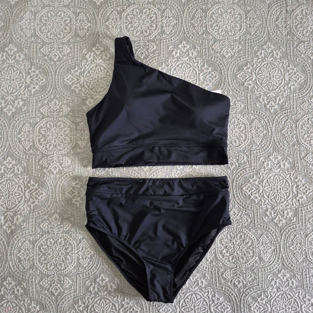 Holipick One Shoulder High Waisted Bikini Set Black Tummy Control XL